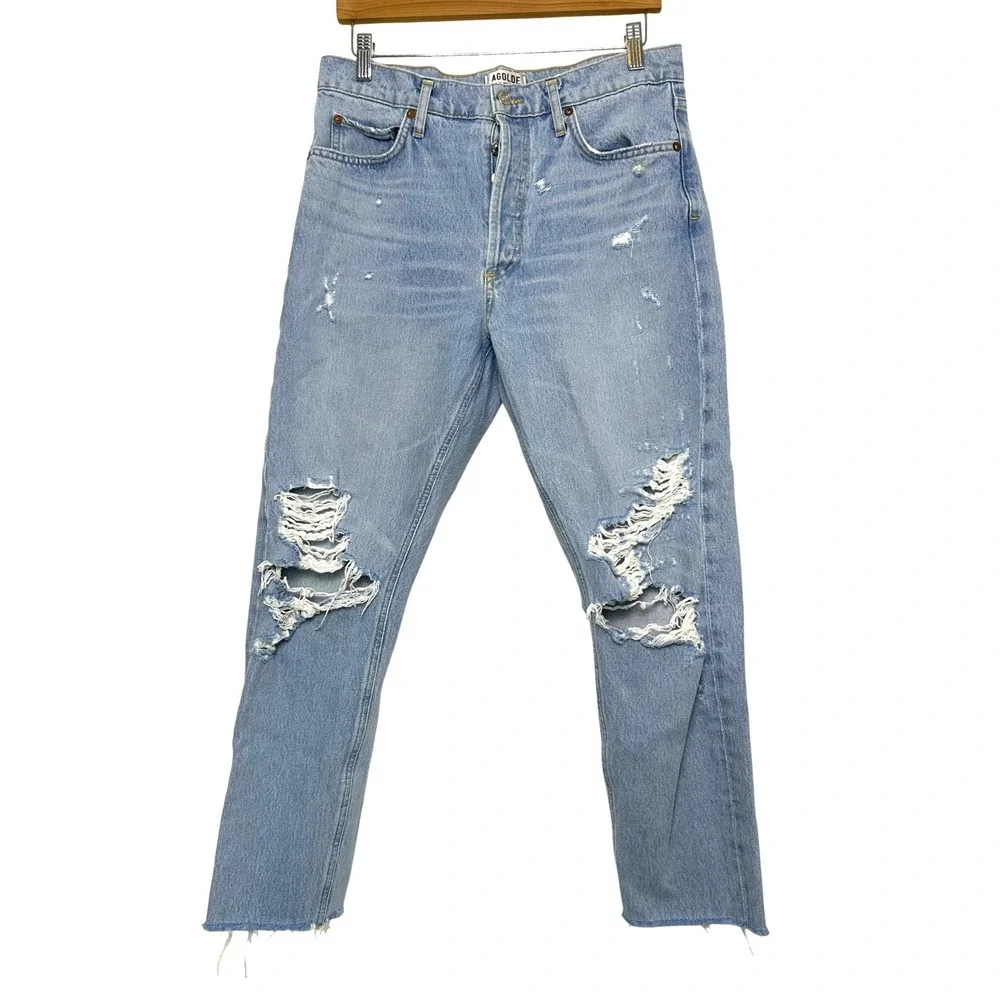 AGOLDE Jeans Womens 29 Jamie High Rise Distressed Light Wash classic raw‎ hem